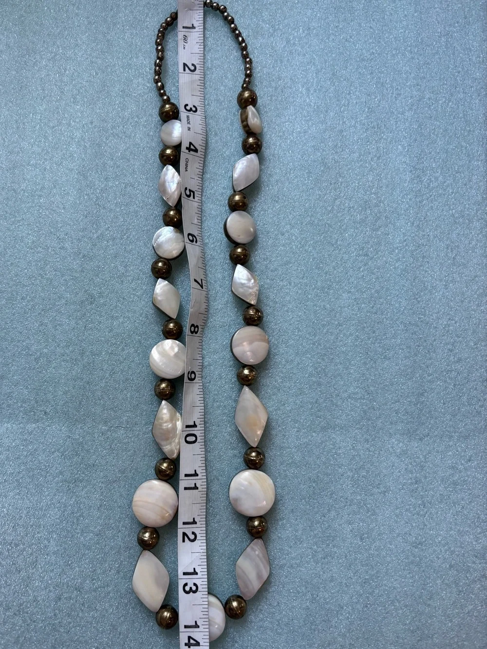 Mother of Pearl Shell & Bronze Tone Beaded Statement Necklace Vintage Boho Coast